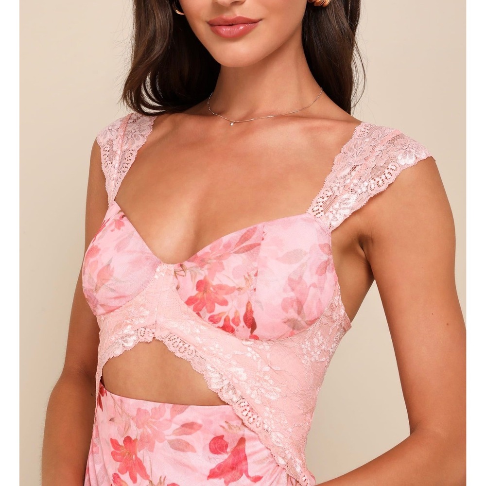 Lulus Endlessly Cute Pink Floral Mesh Cutout Lace Bustier Maxi Dress XS NWT 2866